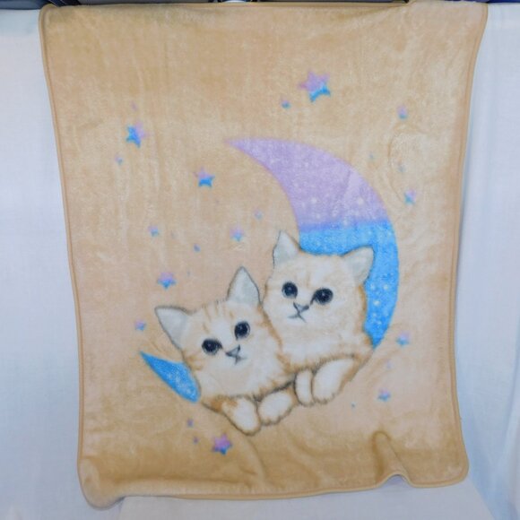 VTG 2005 Tan Tabby Cat Kitten Purple blue Moon Star Plush Fleece Blanket 53 x 42 - Picture 8 of 8